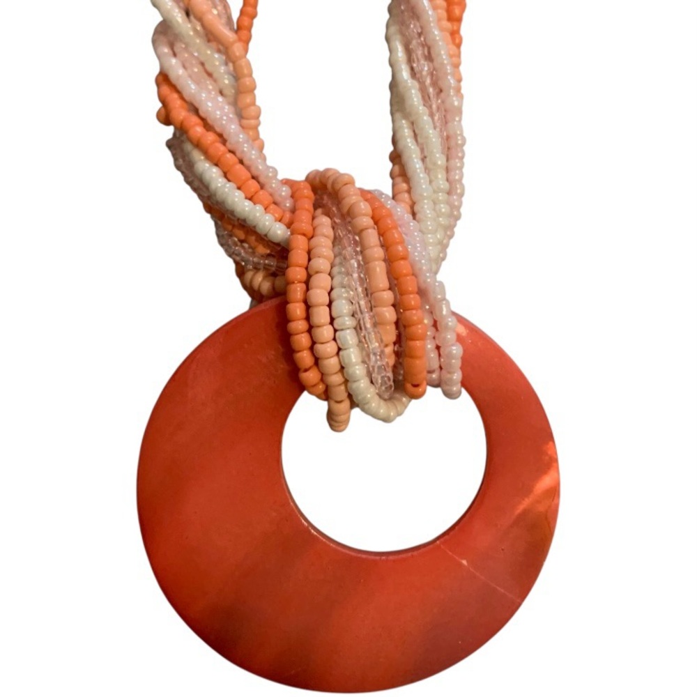 Necklace Multi Strand Beaded Coral, Orange, Peach, White with pendant 11” hang